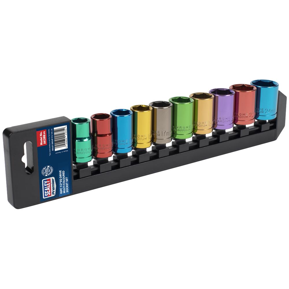 Sealey 10 Piece 1/2" Drive Coloured Hexagon WallDrive Socket Set Metric 1/2