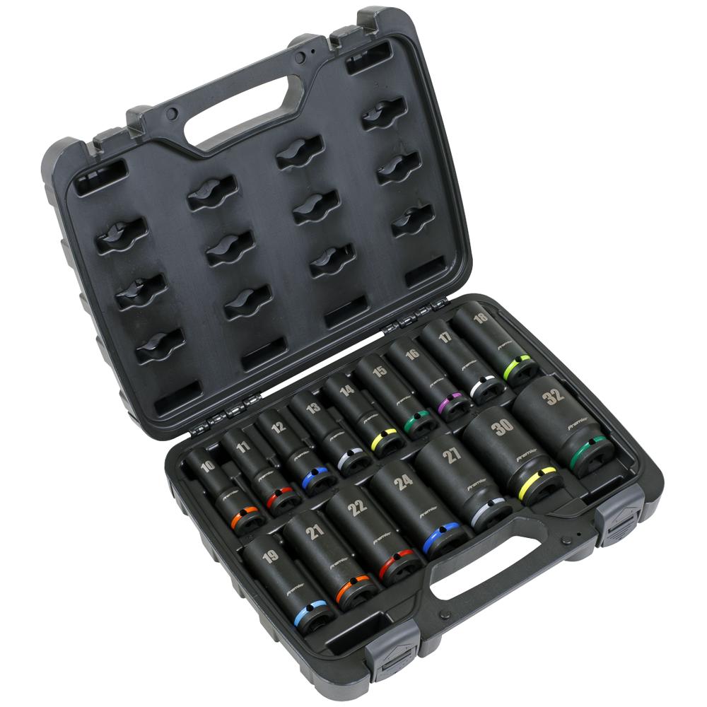 Sealey 16 Piece 1/2" Drive Deep Colour Coded Hexagon Impact Socket Set 1/2