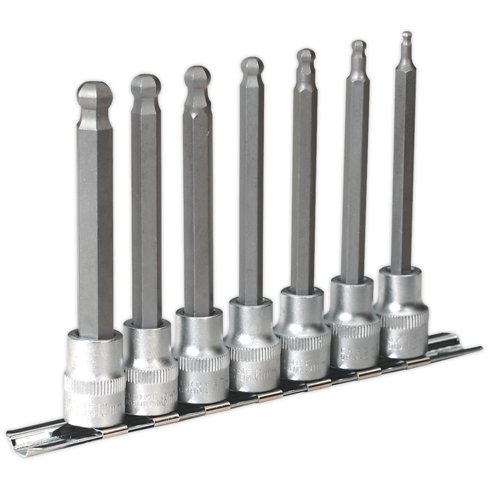 Sealey 7 Piece 3/8" Drive Ball End Long Hexagon Socket Bit Set Metric 3/8" 100mm