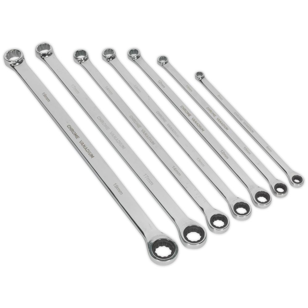 7 Piece Extra Long Ratchet and Fixed Ring Spanner Set