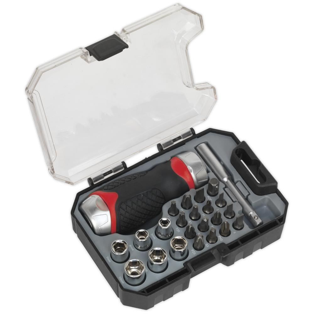 Sealey 24 Piece Stubby Ratchet Screwdriver Bit and Socket Set 1/4