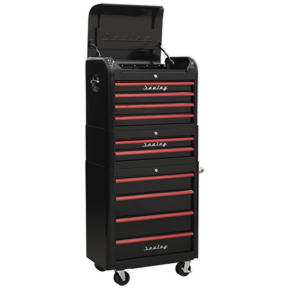 Sealey Premier Retro Style 10 Drawer Roller Cabinet, Mid and Top Tool Chest Black / Red