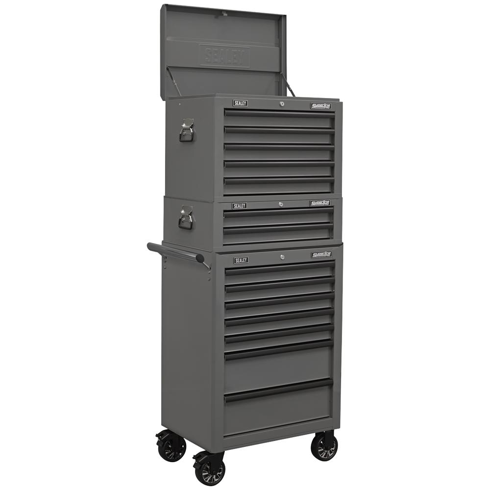 Sealey Superline Pro 14 Drawer Roller Cabinet, Mid Box and Top Tool Chest Grey
