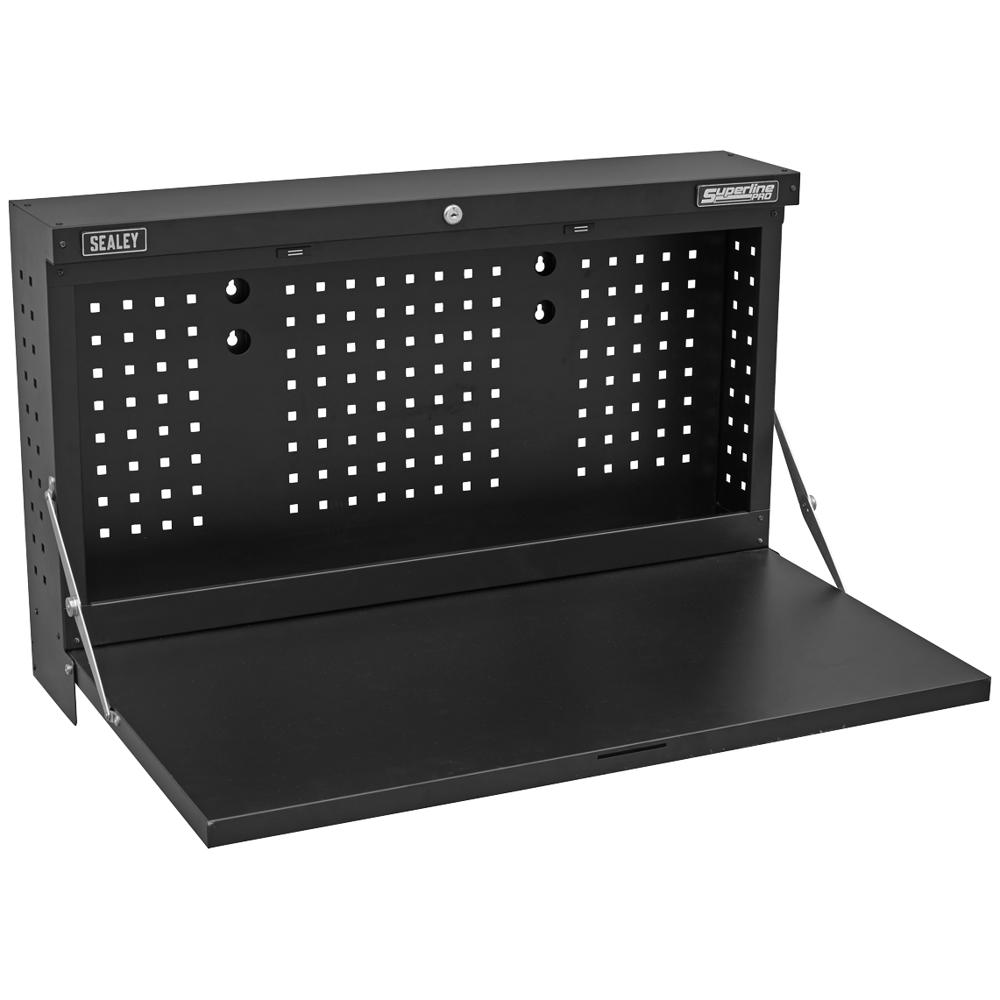 Wall Mount Fold Down Metal Workbench and Pegboard