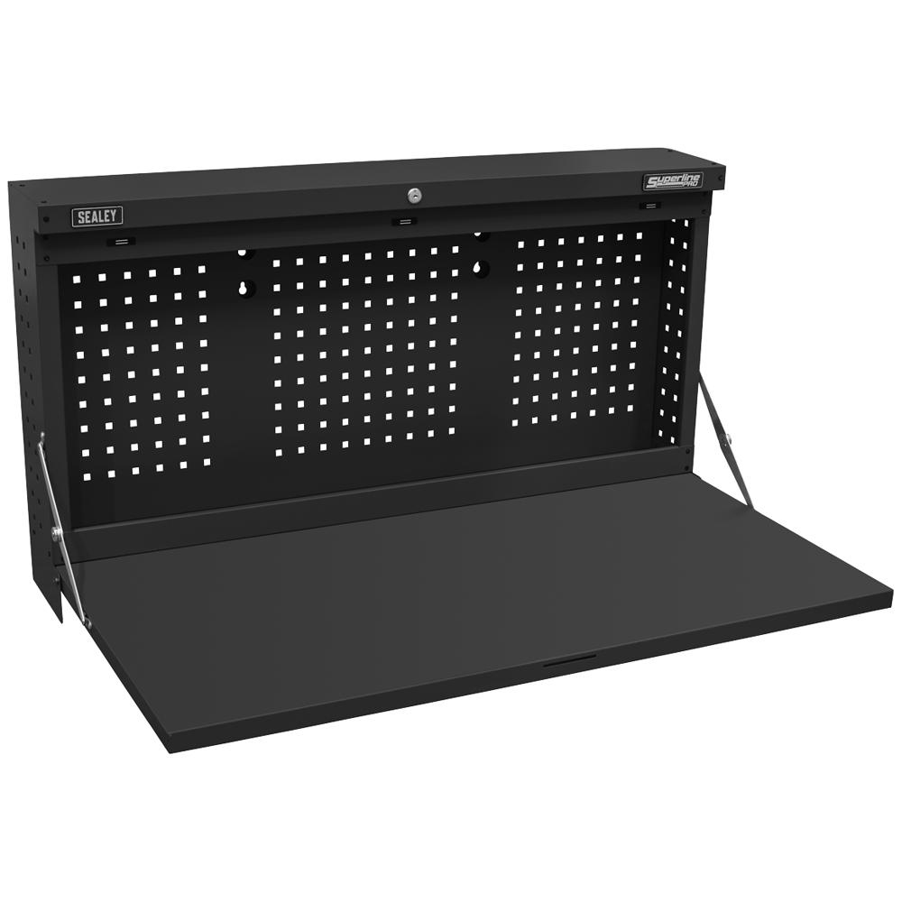 Wall Mount Fold Down Metal Workbench and Pegboard