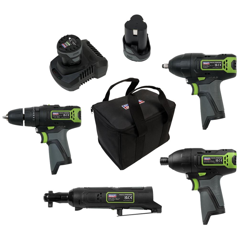 Sealey SV108 Series 10.8v Cordless 4 Piece Power Tool Kit 2 x 2ah Li-ion Battery Charger Bag