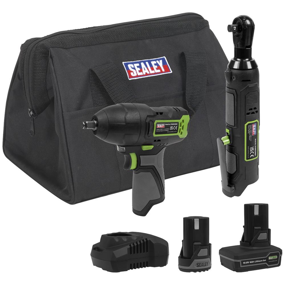 Sealey 10.8v Cordless 3/8" Drive Impact and Ratchet Wrench Kit 1 x 2ah & 1 x 4ah Li-ion Battery Charger Bag