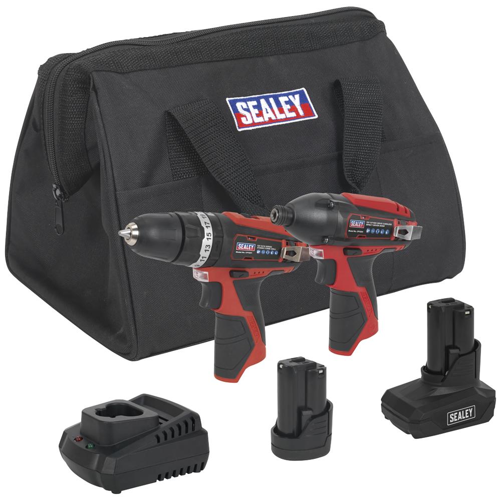 Sealey CP1200 12v Cordless 2 Piece Power Tool Kit 1 x 1.5ah & 1 x 3ah Li-ion Battery Charger Bag