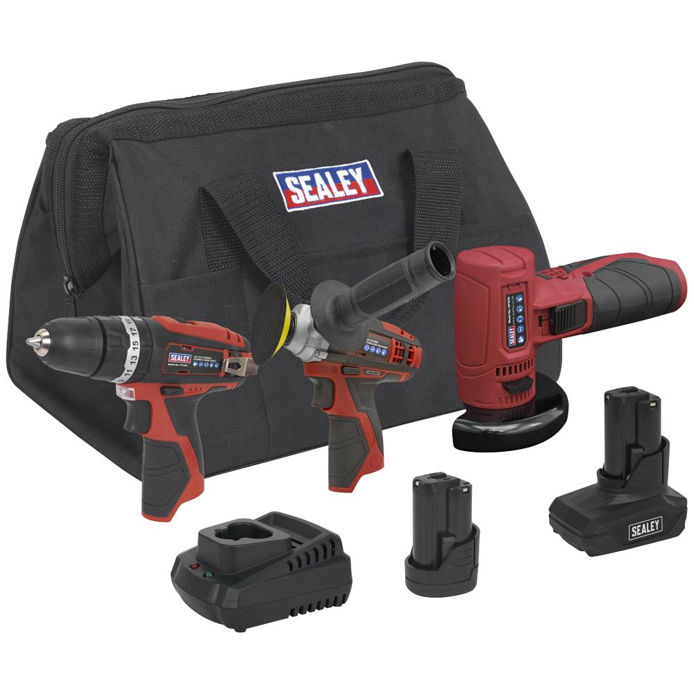 Sealey CP1200 12v Cordless 3 Piece Power Tool Kit 1 x 1.5ah & 1 x 3ah Li-ion Battery Charger Bag