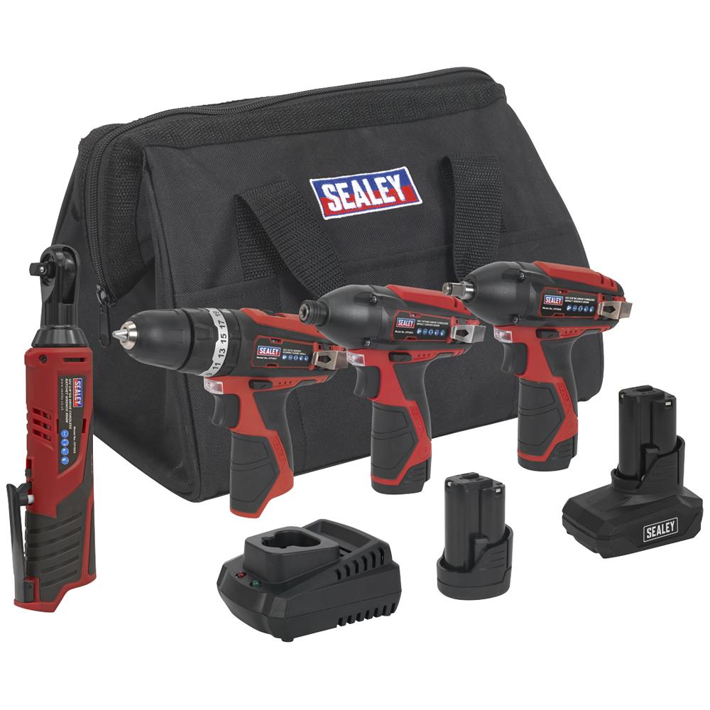 Sealey CP1200 12v Cordless 4 Piece Power Tool Kit 2 x 1.5ah Li-ion Battery Charger Bag