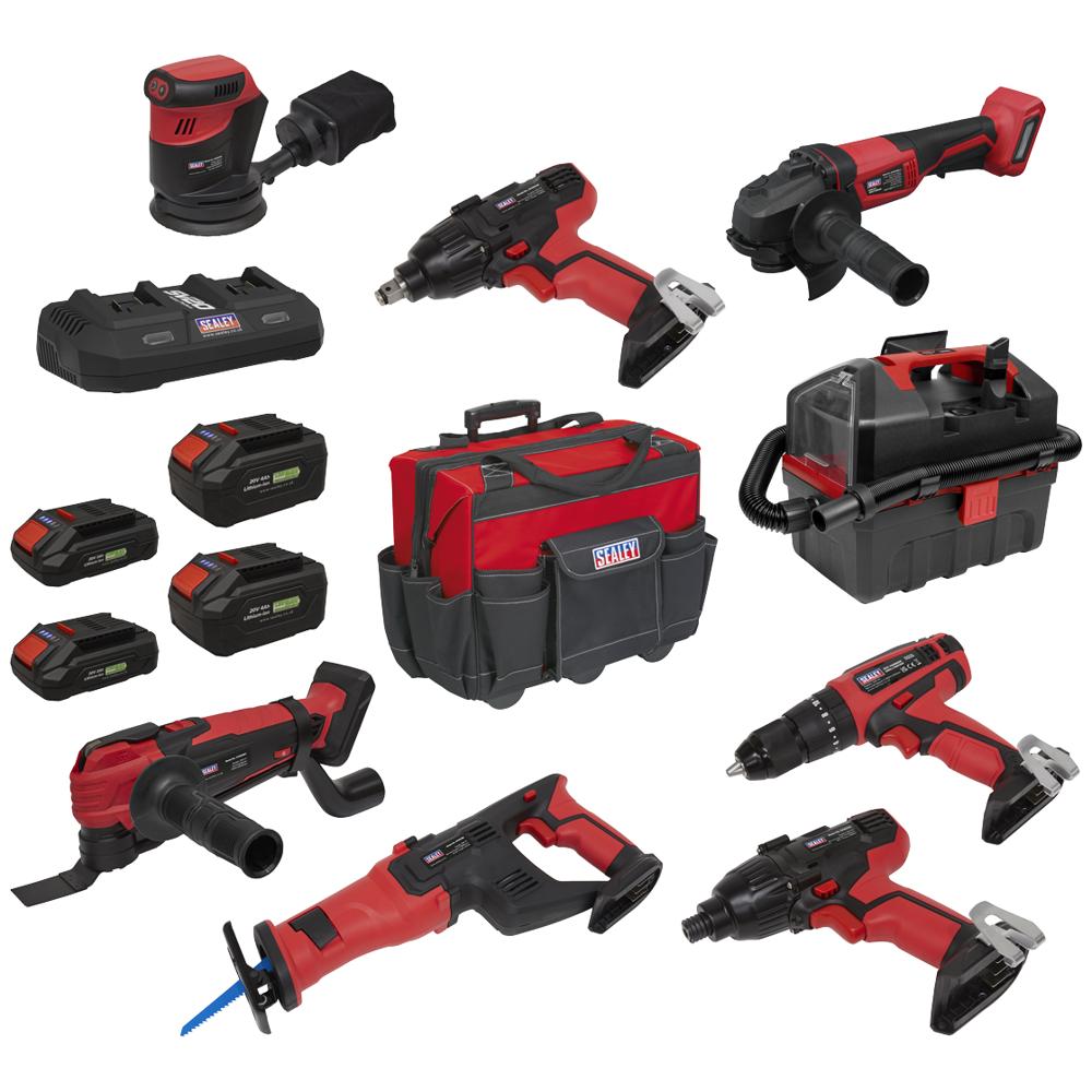 View Sealey Cp20v 20v Cordless 8 Piece Power Tool Kit 2 X 2ah- 1 X 3ah & 1 X 4ah Battery Charger Case