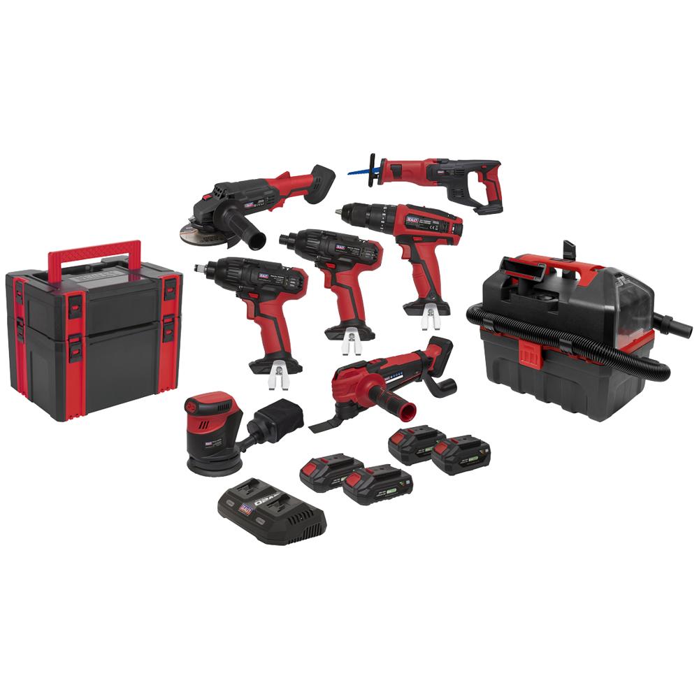 Sealey CP20V 20v Cordless 8 Piece Power Tool Kit 2 x 2ah, 1 x 3ah & 1 x 4ah Battery Charger Case