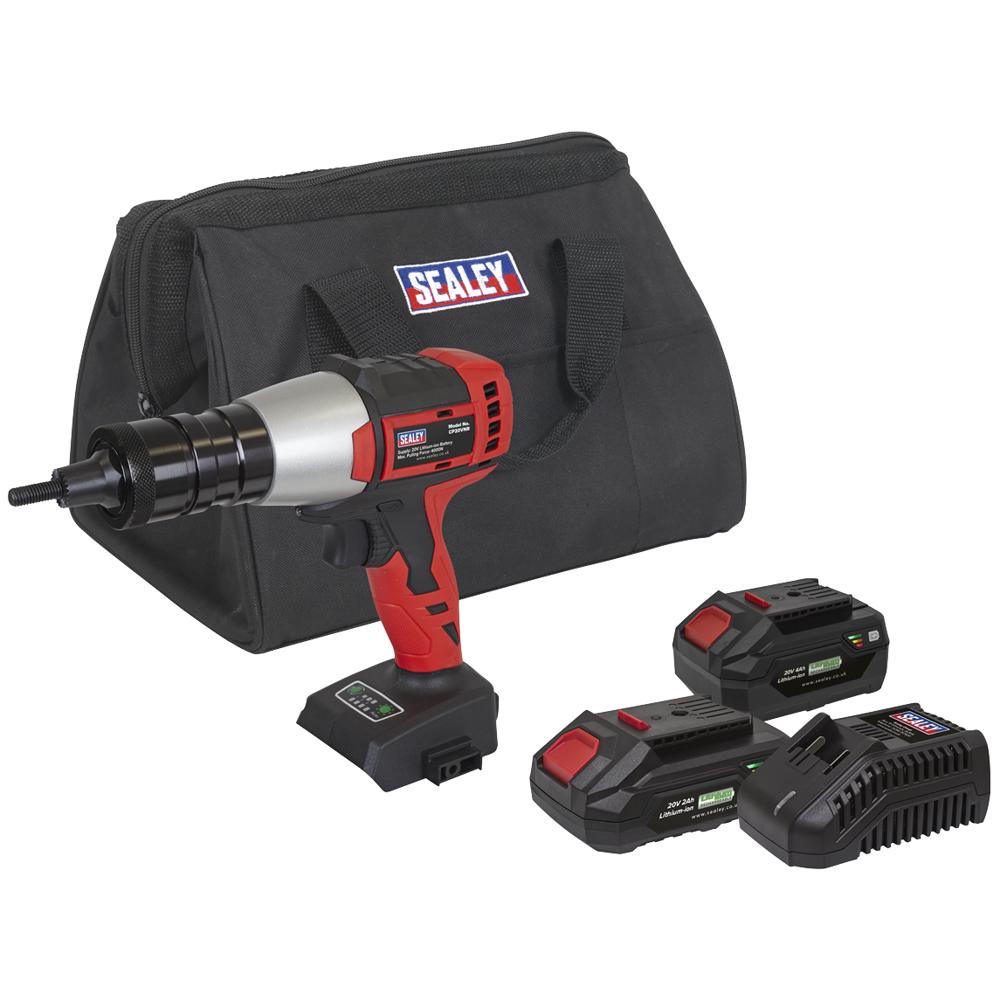 Sealey CP20VNR 20v Cordless Brushless Nut Riveter 1 x 2ah & 1 x 4ah Li-ion Battery Charger Bag
