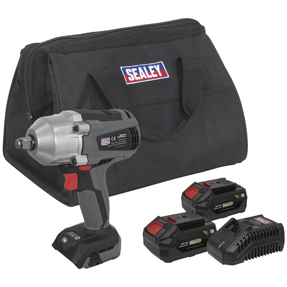 Sealey CP20VPIW 20v Cordless Brushless 1/2" Drive Impact Wrench 2 x 4ah Li-ion Battery Charger Bag