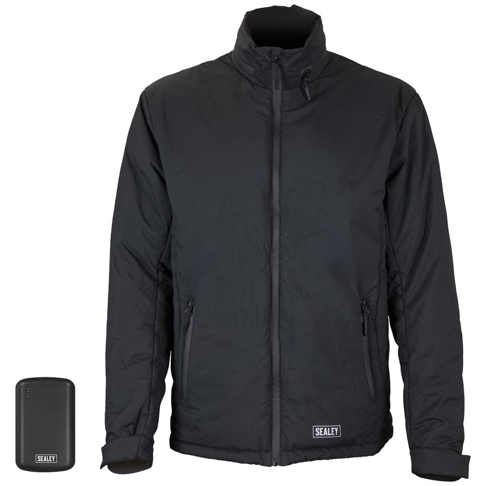 Sealey 5v Heated Rain Jacket and 10ah Power Bank Black M
