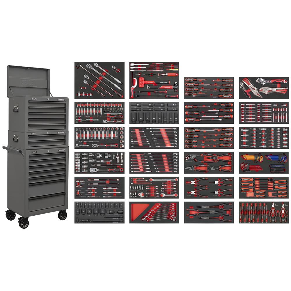 Sealey 14 Drawer Superline Pro Roller Cabinet Combo And 447 Piece Tool Kit Grey