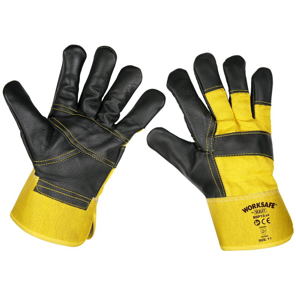 Sealey Ssp13 Riggers Gloves Hide Palm Black / Yellow One Size