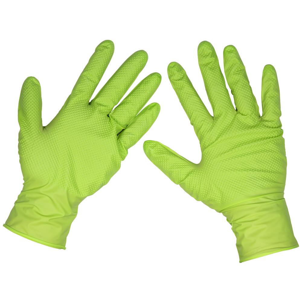 Sealey Diamond Grip Extra Thick Nitrile Powder Free Gloves Green L Pack of 50