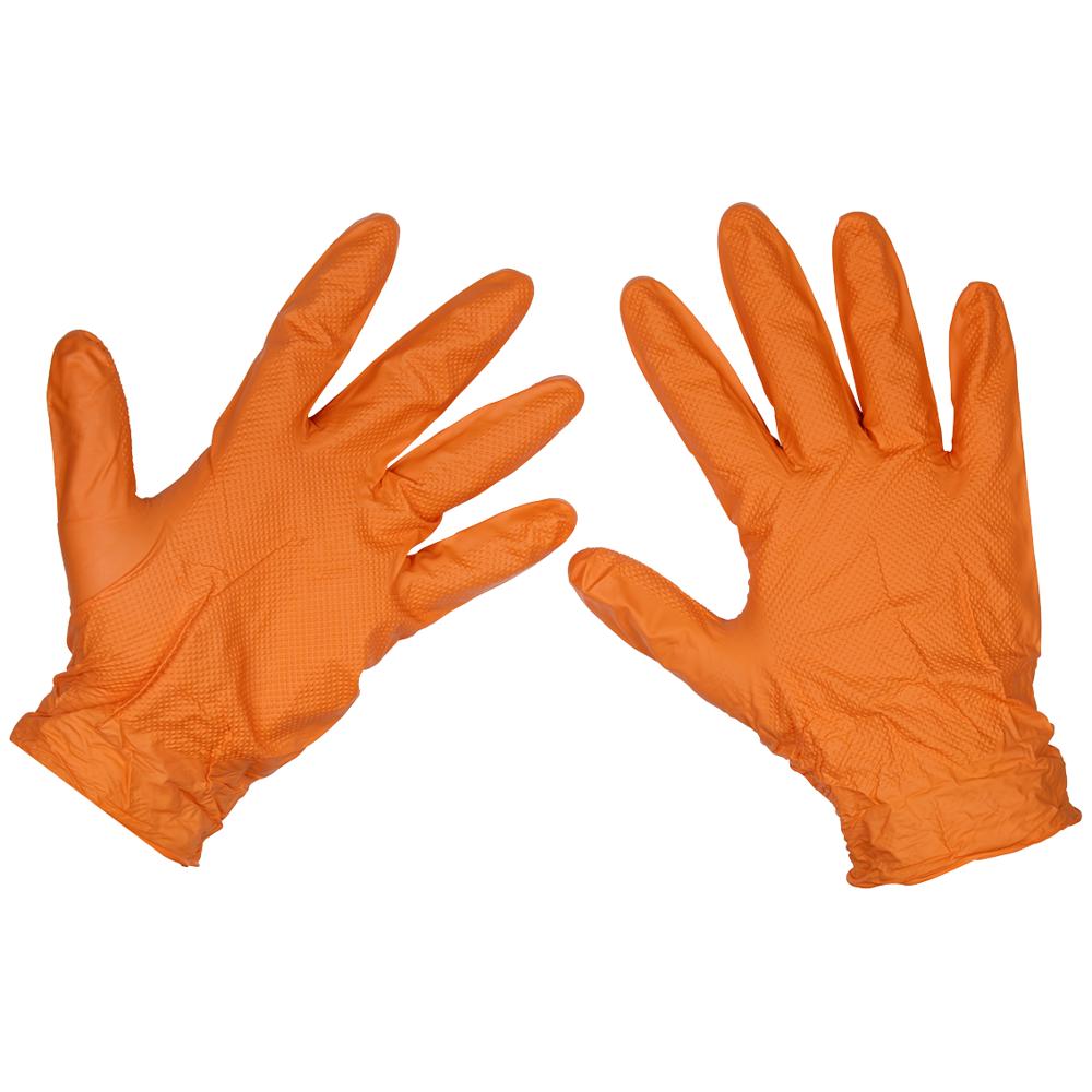 Sealey Diamond Grip Extra Thick Nitrile Powder Free Gloves Orange XL Pack of 50