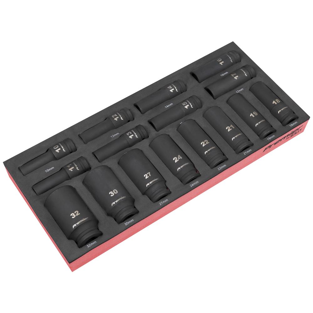Sealey Premier 16 Piece 1/2" Drive Deep Impact Socket Set in Module Tray 1/2