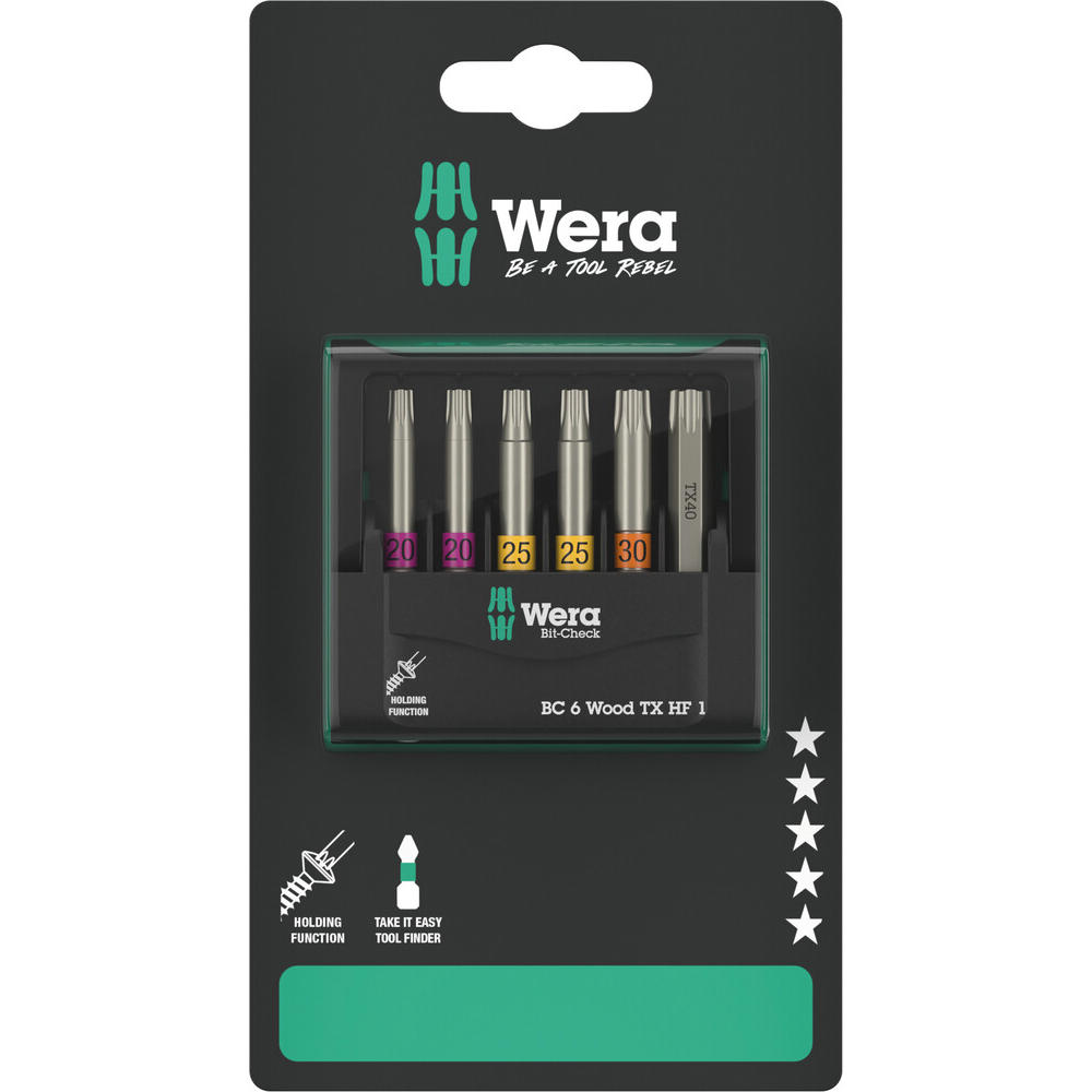 Image of Wera 6 Piece Woodworking 50mm Screwdriver Bit Set