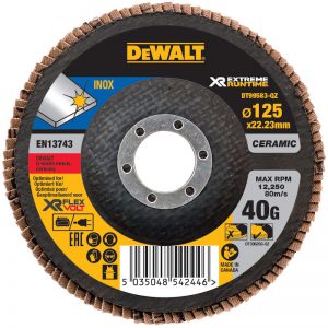 A DeWalt Extreme Runtime flap disc, designed for optimum results with Flexvolt cordless grinders